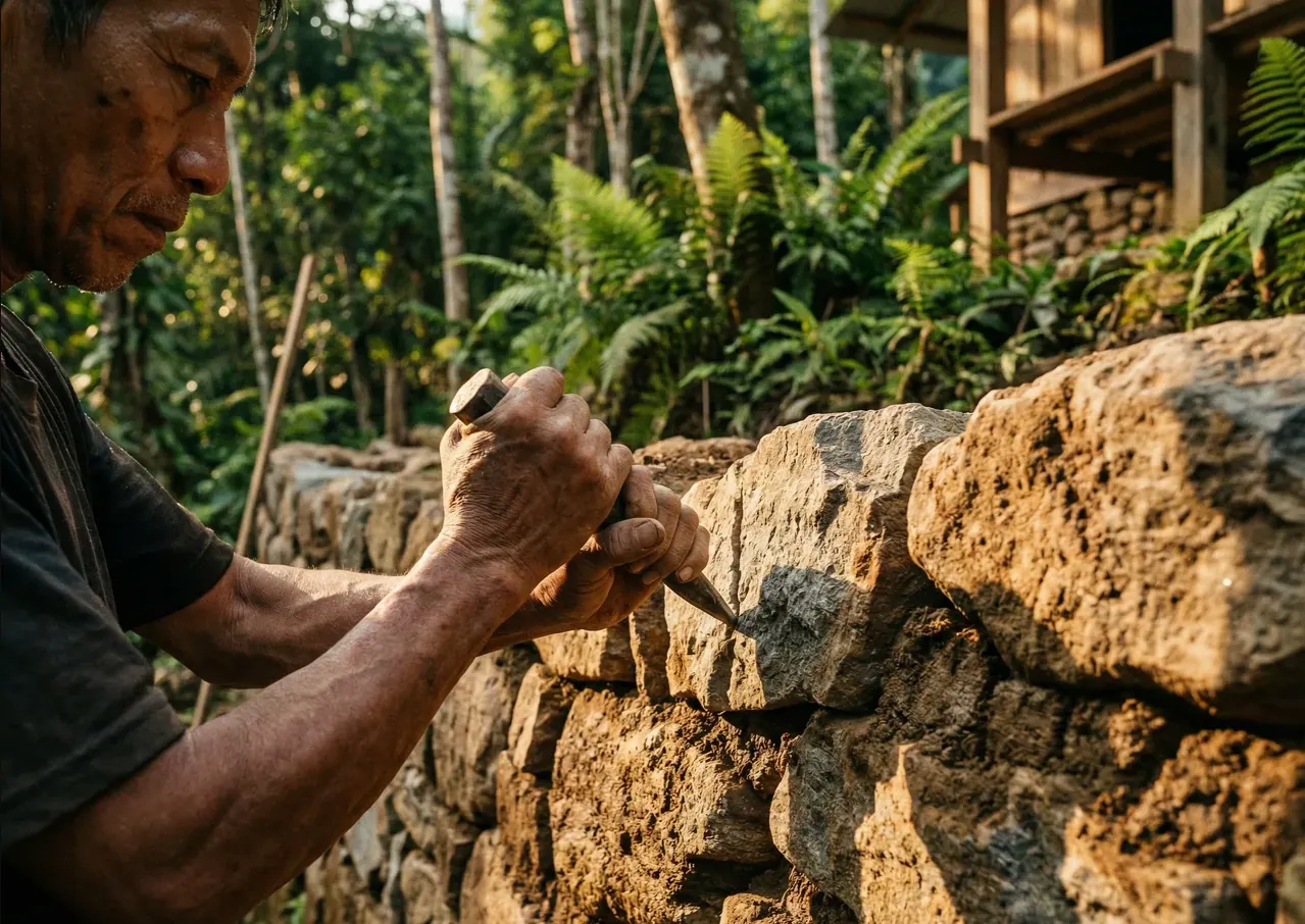 Labrando piedra local — proceso artesanal